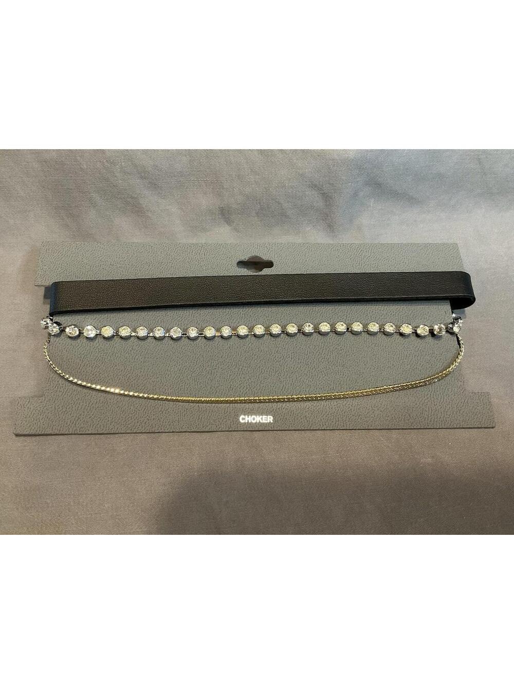 NWT Express Black Strap/ Rhinestone/ Gold Tone Chain Choker Necklace #1230